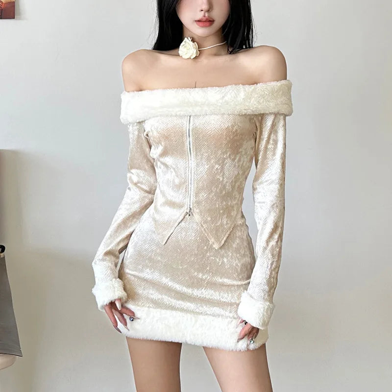 REALMEFIT  -  2 Piece Set Fluffy Faux Fur Mini Skirt Off Shoulder Zip Up Jacket Sexy Club Wear Outfits Women Winter Clothes P94-FA35