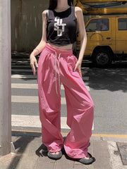 Realmefit  Y2K Pink Parachute Pants Women Oversized Korean Style Hip Hop Track Trousers Quick Dry Drawstring Wide Leg Sweatpants