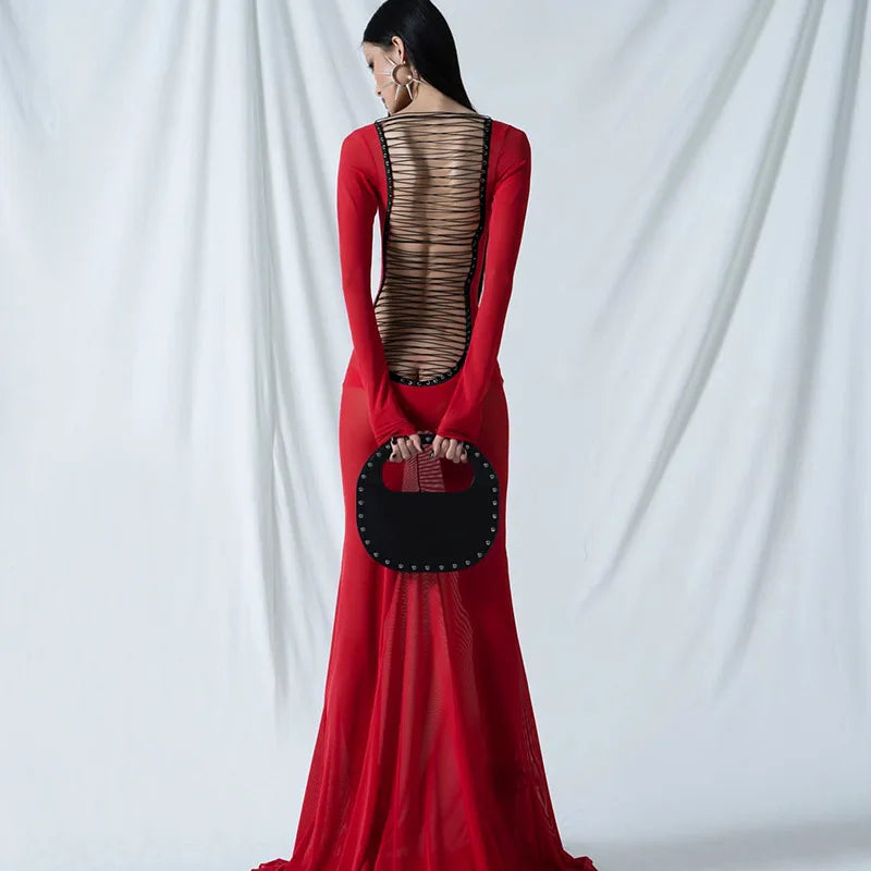 REALMEFIT  -  Sexy Mesh Strappy Backless Dresses For Women  Black Red See Through Long Sleeve Flare Hem Maxi Dress Woman Party