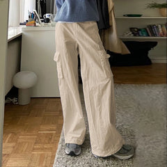 REALMEFIT  -  Casual Pockets Pants Women Simple Slacks Elastic Waist Drawstring Straight Linen Trousers Autumn All-match Bottoms Home