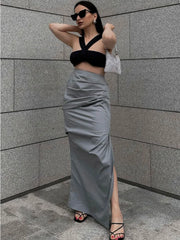 Realmefit   Summer For Women Split Y2K Pencil Skirts Bodycon High Waist Solid Fashion Ladies Streetwear Pleated Irregular Maxi Skirt