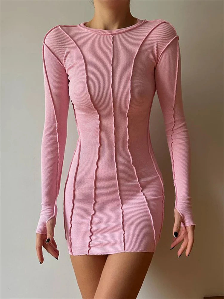 Realmefit Screw Thread Mini Dress For Women   Spring Ribbed Long Sleeve Bodycon Dresses Pink Streerwear Elastic Casual Vestidos