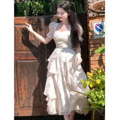 REALMEFIT  -  Fruitful Fashion Dress to Impress Retro Floral Print Dress Women Chic Square Collar Princess Style Midi Dress Female Puff Sleeve Korea Elegant Fairy Dress Vestido