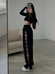 Realmefit   Knitted Slit Hollow Sweatpants Women Solid Tie High Waist Loose Summer Trousers For Ladies Casual Streetwear Pants Woman