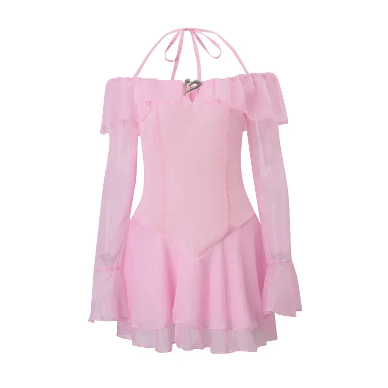 OKLULU  - Elegant Pink Ruffles Halter Dress Sexy Off Shoulder Long Sleeve Slim A Line Mini Dresses Evening Party Women Vestidos