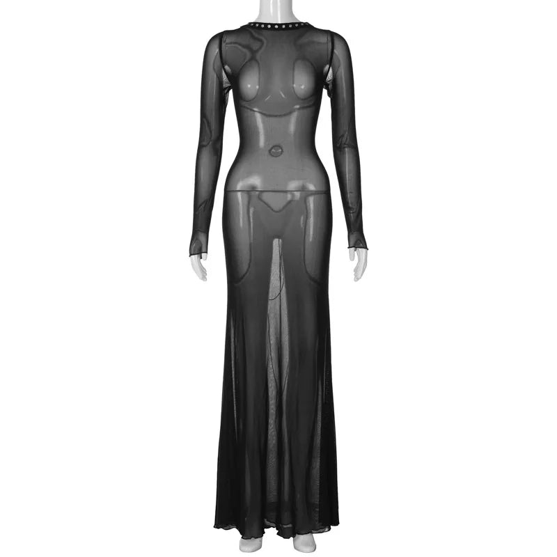 REALMEFIT  -  Sexy Mesh Strappy Backless Dresses For Women  Black Red See Through Long Sleeve Flare Hem Maxi Dress Woman Party