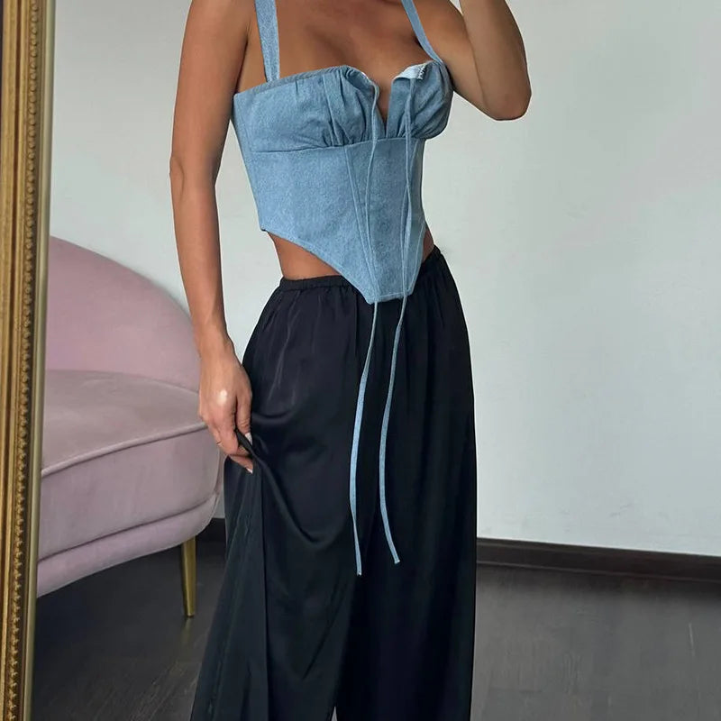 REALMEFIT  -  Summer Crop Tops Corsets Imitation Denim Bandage Y2K Clothing Skinny Camis Casual Backless Fashion Streetwear Top