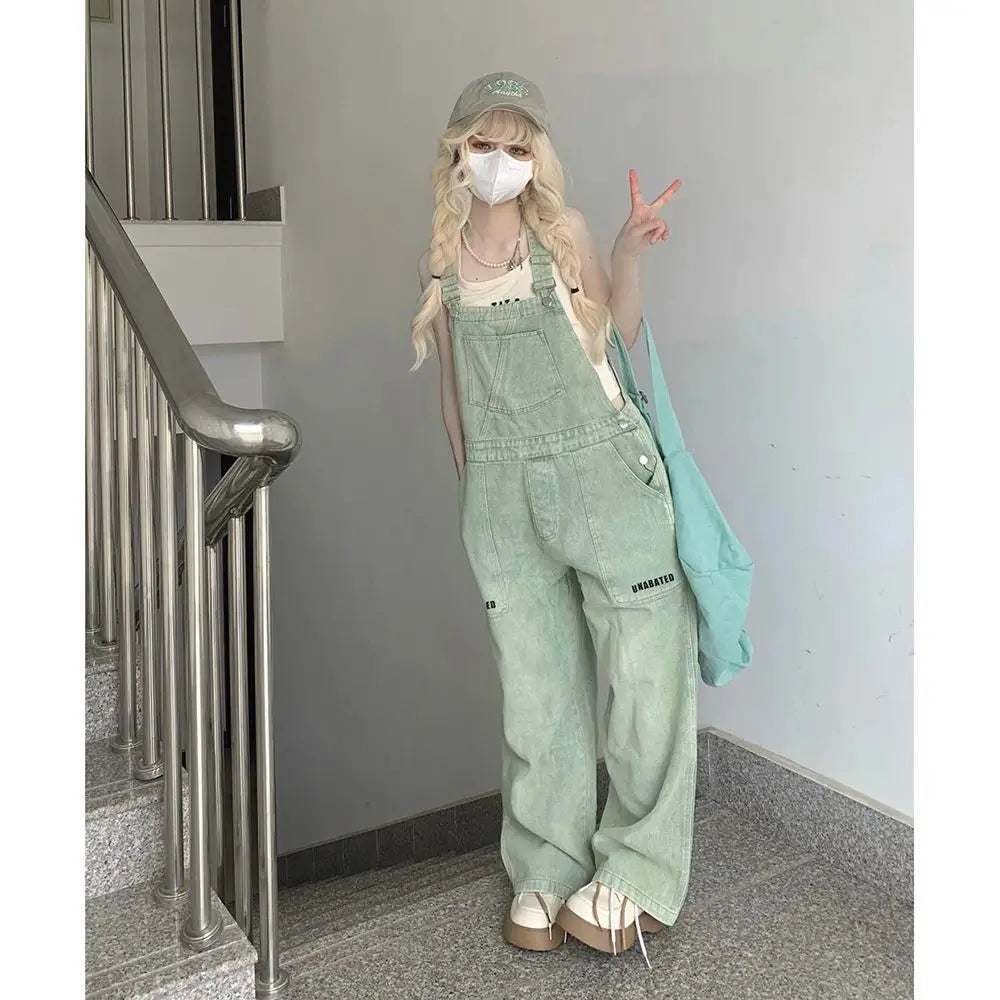 Realmefit Chic Light Green Dnim Pants for Women Overalls Spring Autumn High Waist Straight Loose Jeans Female Jumpsuit Streetwear