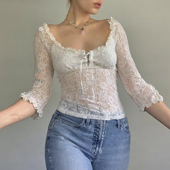 Realmefit   Fairy Coquette Floral Lace T-shirt Low Cut Front Tie Up White Tees Chic Women Vintage Y2K Milkmaid Crop Tops Clothes