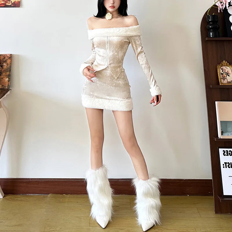 REALMEFIT  -  2 Piece Set Fluffy Faux Fur Mini Skirt Off Shoulder Zip Up Jacket Sexy Club Wear Outfits Women Winter Clothes P94-FA35