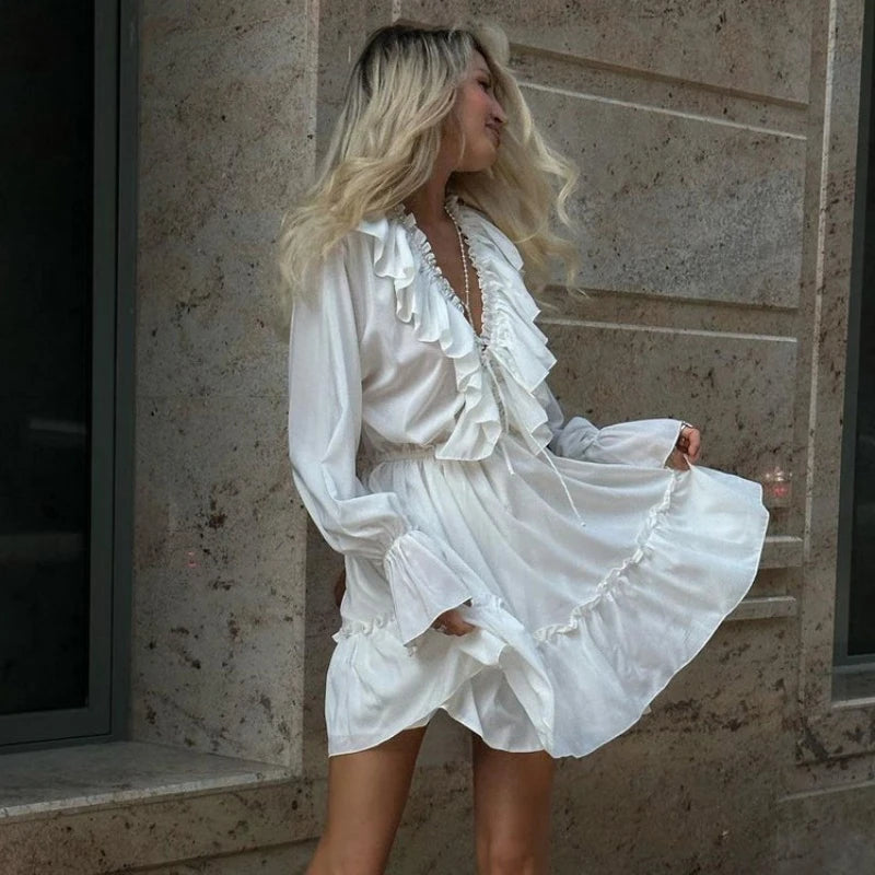 Realmefit   Deep V Neck Folds Dress Women Fashion Ruffle White Loose Long Sleeve Dresses Femme Street Casual Elegant Mini Dress Woman