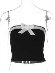 REALMEFIT  -  2024 Elegant Strapless Black Patchwork Lace Bow Sexy Slim Crop Tank Top Summer Women Y2K Outfit Birthday Beach Festival