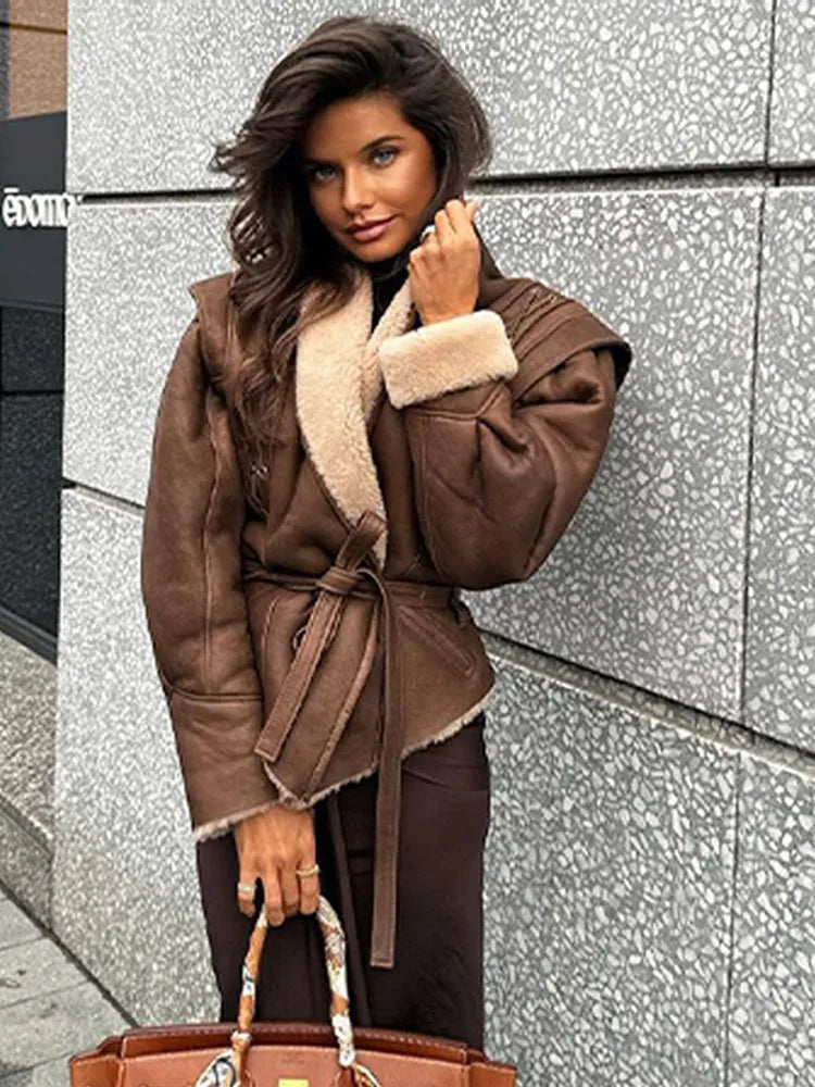 REALMEFIT  -  Vintage PU Leather Women Patchwork Jackets With Belt Chic Lapel Long Sleeve Drawstring Tie Female Coat 2024 Thick Street Outwear