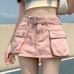 Realmefit Fashion A- Line Cargo Pocket Design Denim Skirt Women's Anti-Exposure Sheath Skirt High Waist Slimming Streetwear Pink Skirts