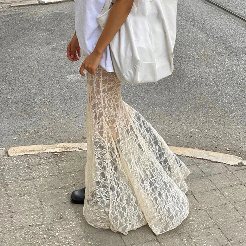 REALMEFIT  -  Fairycore Chic Fold Elegant Long Skirt Female Low Waisted Fashion Asymmetrical Lace Skirt Slim Two Pieces Outfits New