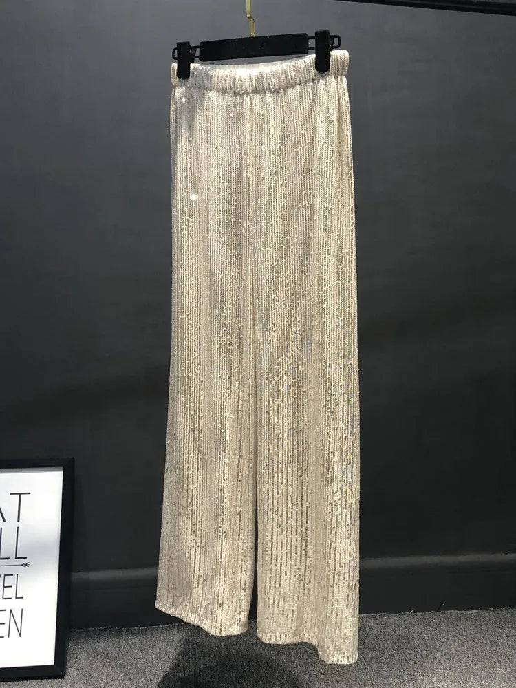 Realmefit  Women Silver Full Sequined Wide Leg Pants Elastic Waist Bling Luxury Chic Capris Casual Gold Long Pants Female Club