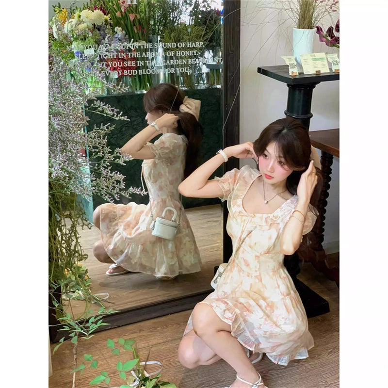 REALMEFIT  -  Fruitful Fashion Dress to Impress Summer Sweet Floral Chiffon Dress Vintage Fairy Square Collar Puff Sleeve Dress Sundress Princess Mini Holiday Dress Vestido