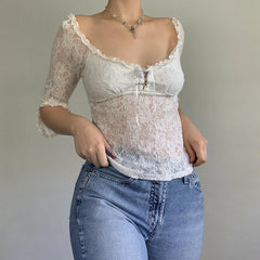 Realmefit   Fairy Coquette Floral Lace T-shirt Low Cut Front Tie Up White Tees Chic Women Vintage Y2K Milkmaid Crop Tops Clothes