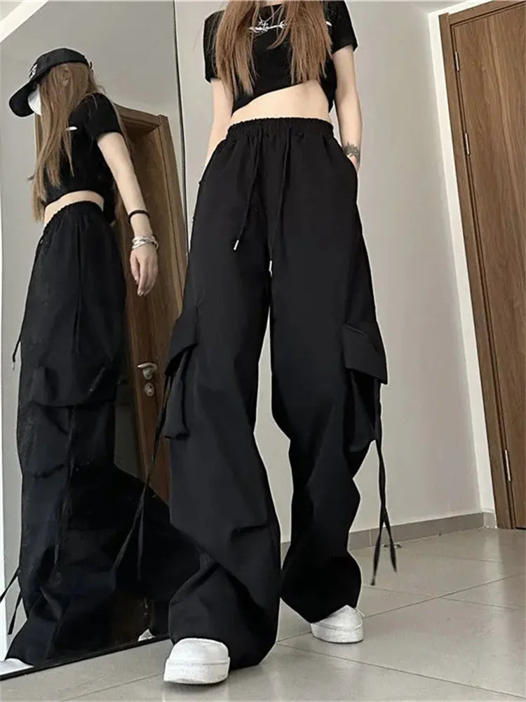 Realmefit  Y2K Cargo Pants Woman Streetwear Hip Hop Black Parachute Trousers Oversized American Retro Korean Pink Baggy Sweatpants