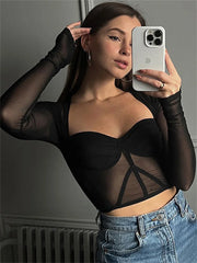 Realmefit   Lace See-Through Cropped Tops For Women Bustier Long Sleeve Slim Bodycon Mini Tops Bra Sexy Ladies Sheer Mesh Crop Top