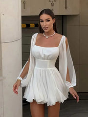 Realmefit  Elegant Square Neck Ruffle Hem Mini Dress Women Chic Split Long Sleeve High Waist A-line Dresses 2024 Summer Lady Party Robes