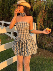 REALMEFIT  -  Fashion Retro Tube Top Floral Plaid Print Strap Bud Dress For Women Folds Hem Splice Mini Dress Sweet Party Dress Female