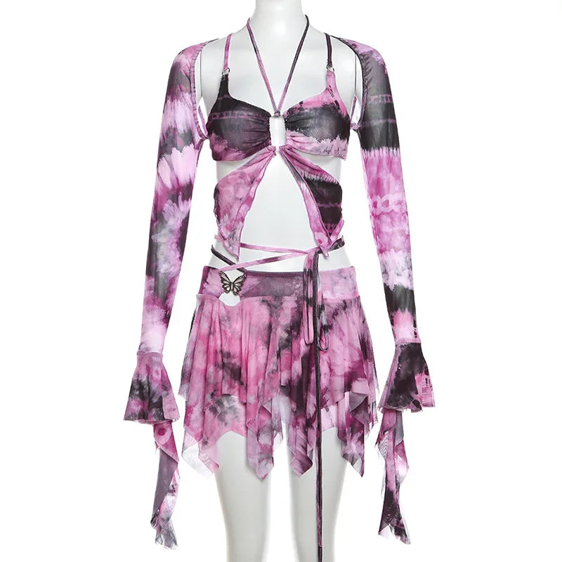 Realmefit Women 3Pcs Y2K Summer Mesh Sheer Butterfly Tie Dye Print Outfits Long Sleeve Shrug+Vest Top+Irregular Mini Skirt Set