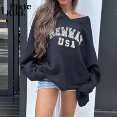 REALMEFIT  -  Graphic Hoodies Fleece Lined Pullovers Women V Neck Long Sleeve Top Winter 2000s Clothes Y2k Sweatshirts