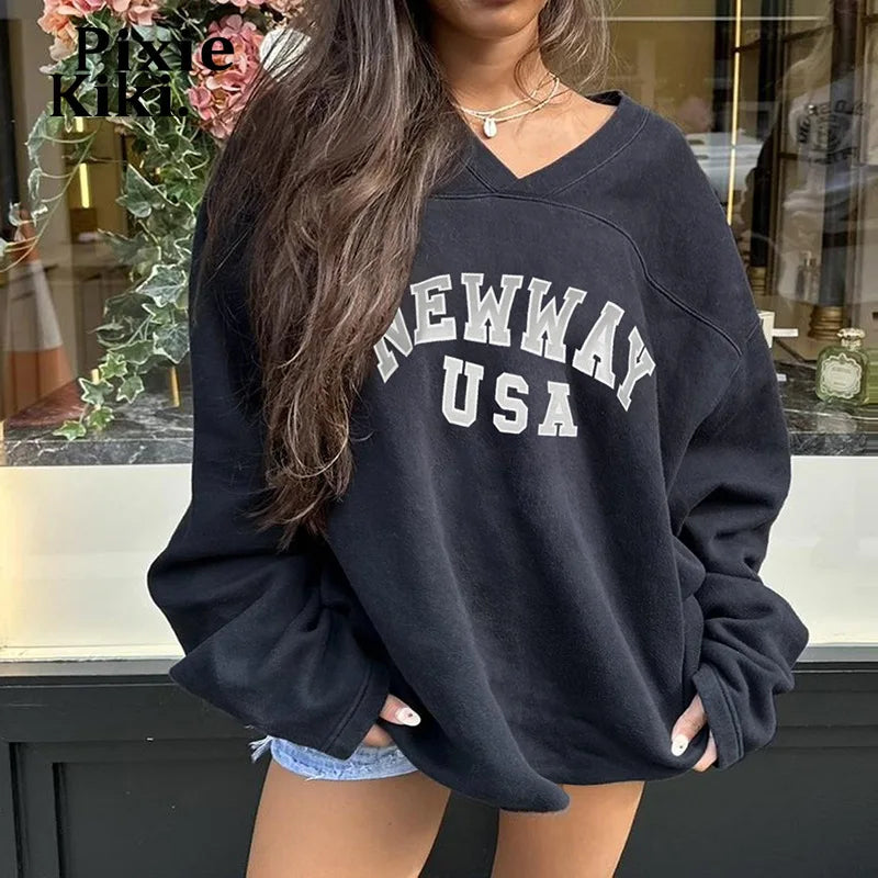 REALMEFIT  -  Graphic Hoodies Fleece Lined Pullovers Women V Neck Long Sleeve Top Winter 2000s Clothes Y2k Sweatshirts