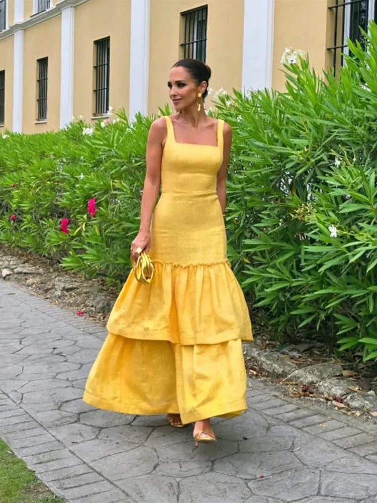 Realmefit  Yellow Linen Sequin Church Dresses For Women Elegant Classy 2024 Ruffled High Waist Sling Long Dress Female Party Vestidos