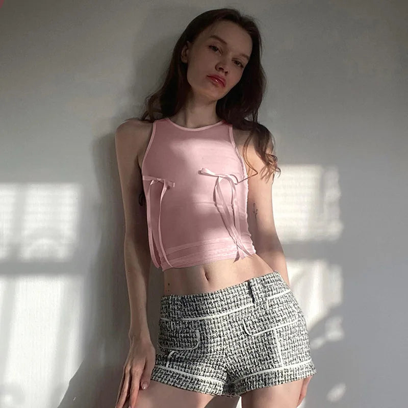 REALMEFIT  -  Bow Sleeveless T Shirts Pink Mesh See Through Sexy Crop Top Women Summer Tanks Cute Core Trendy Clothes P85-AC10