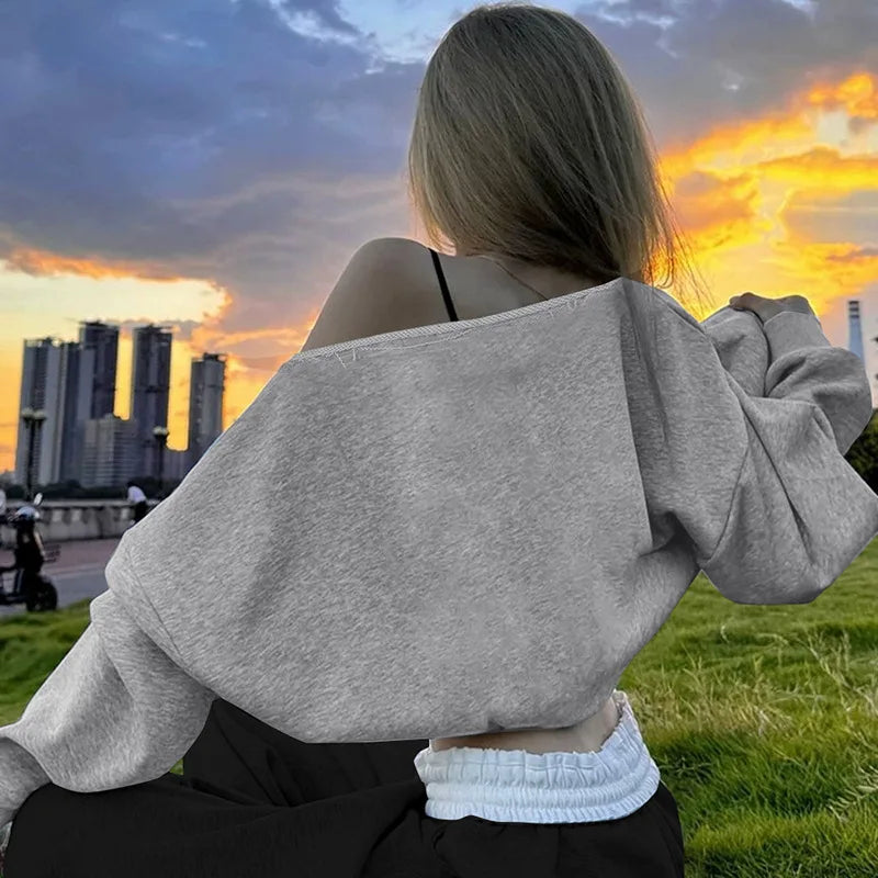 REALMEFIT  -  Y2k Graphic Baggy Hoodies One Shoulder Long Sleeve Tees Casual Loose Pullovers Women Clothing Fall Winter 2024 P70CC40