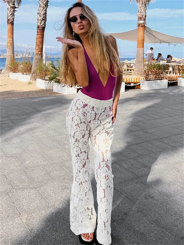 Realmefit   White Printed High Waist Straight Legg Women Patchwork Hollow Out Fashion See-Through Lace Women's Pants Summer Clothes