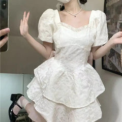 Realmefit  White Tunic Slim Bow Sweet Mini Dress Elegant Puff Sleeve Square Collar Princess Dresses Summer Vestidos for Women