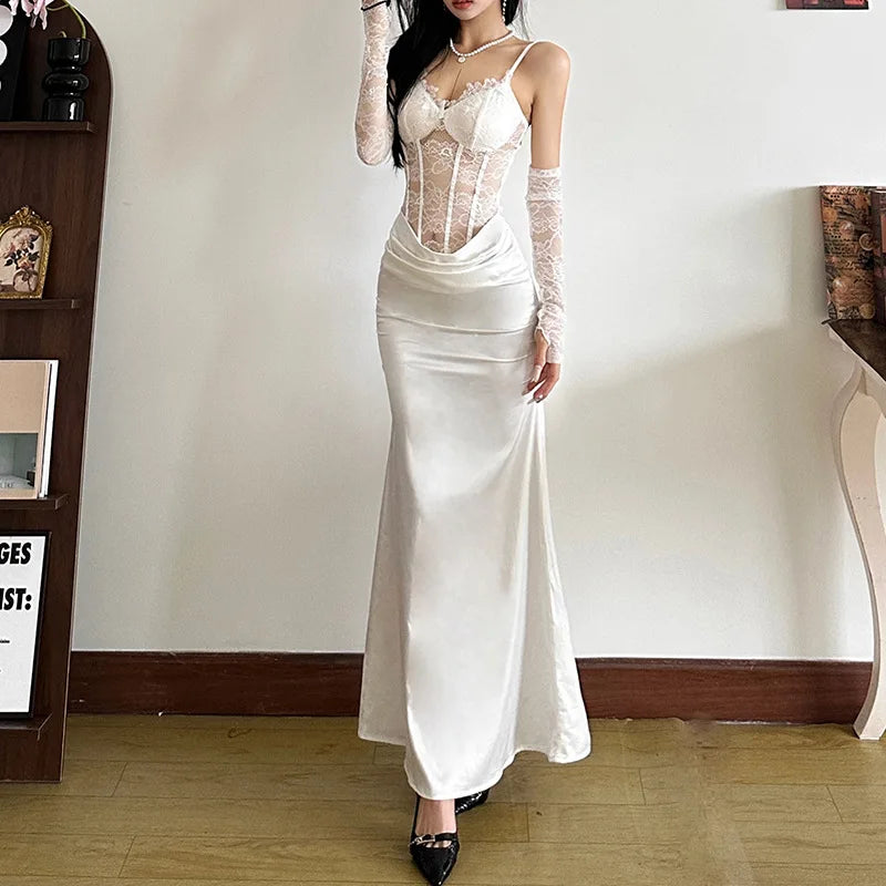 REALMEFIT  -  Lace Satin White Party Dresses Women 2024 Elegant Sexy V Neck Backless Maxi Dress with Gloves