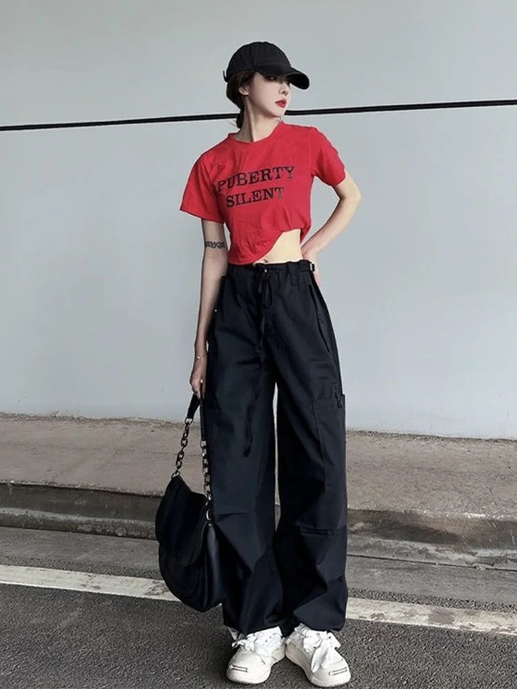 Realmefit   Hip Hop Retro Green Cargo Pants Women Y2K Harajuku Oversize Wide Leg Black Parachute Trousers Female Vintage Streetwear