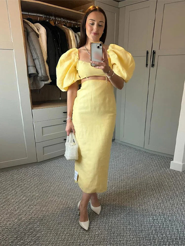 Realmefit  Chic Slim Fit Puff Sleeve Women's Yellow Dress Elegant Hollow Square Neck Long Dresses Lady Summer Casual Street Vestidos