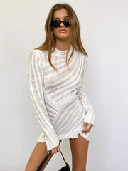 Realmefit  Rib Knitted Women Beach Dress White Hollow Out Long Sleeve Bodycon Mini Dresses Sexy See Through Party Club Y2K Vestidos