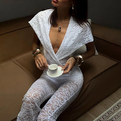 Realmefit  Lace Hollow Out Sexy See-Through Hooded Jumpsuit For Women Slim V Neck Backless Top Flared Pants White Female Jumpsuit