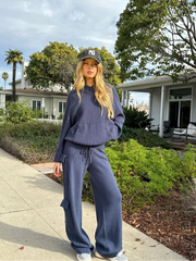 Realmefit  Oversized Knit Hoodie Cargo Pants Sets 2024 Autumn New Long Sleeves Knit Top Sportwear Tracksuit Female Sweatshirt Outfits