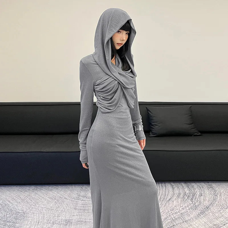 REALMEFIT  -  Cross Hooded Long Sleeve Maxi Dress 2024 Women Elegant Sexy Autumn Winter Long Dresses