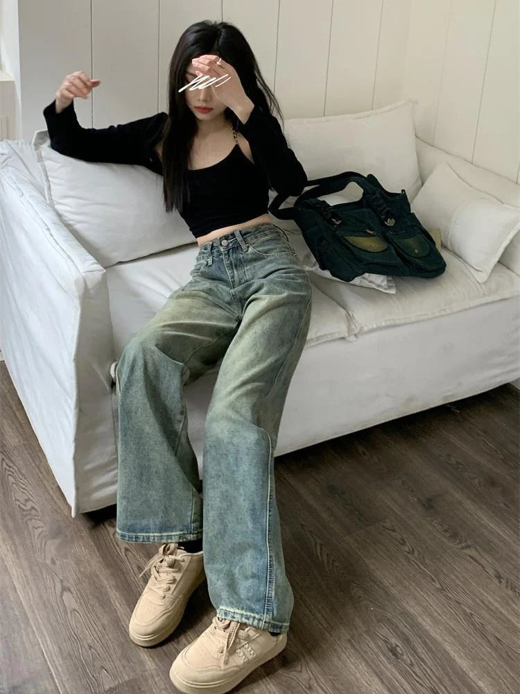 Realmefit   Vintage Korean Baggy Straight Jeans Women Y2k High Waist Loose Wide Leg Jeans Streetwear Casual Denim Trousers Female