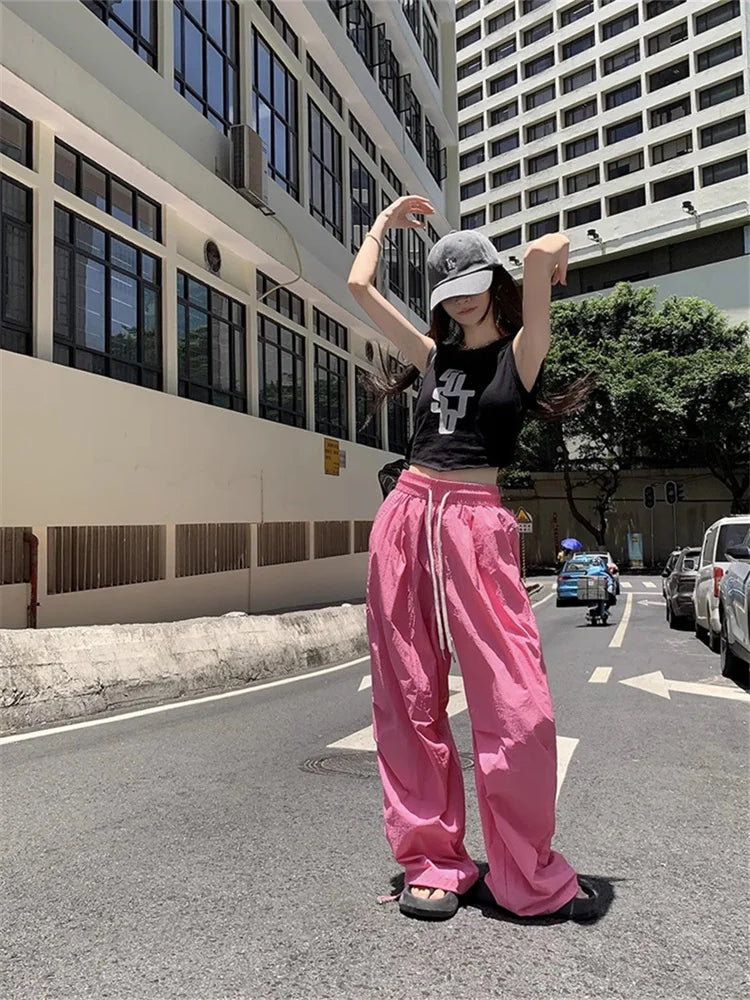 Realmefit  Y2K Pink Parachute Pants Women Oversized Korean Style Hip Hop Track Trousers Quick Dry Drawstring Wide Leg Sweatpants