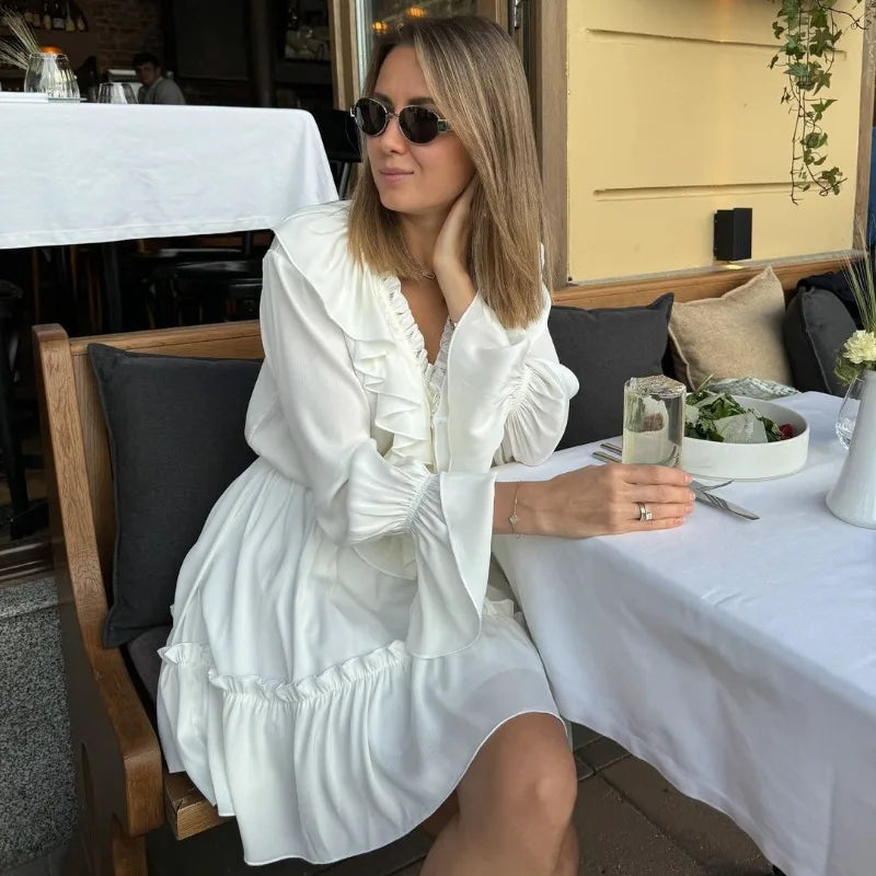 Realmefit   Deep V Neck Folds Dress Women Fashion Ruffle White Loose Long Sleeve Dresses Femme Street Casual Elegant Mini Dress Woman