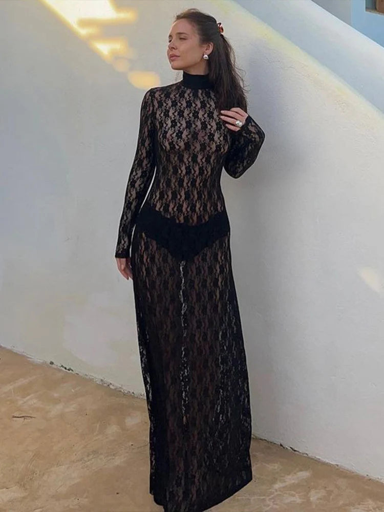 Realmefit   See-through Mesh Tight Maxi Dress Sexy Hollow Out Lace Mesh Patchwork Women Fashion Full Sleeve Banquent Long Dress