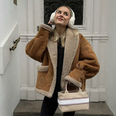 REALMEFIT  -  Autumn and Winter Warm Cotton Jacket Coat 2024 Loose Brown Faux Fur Suede Jacket Casual Oversize Coats Jacket Women