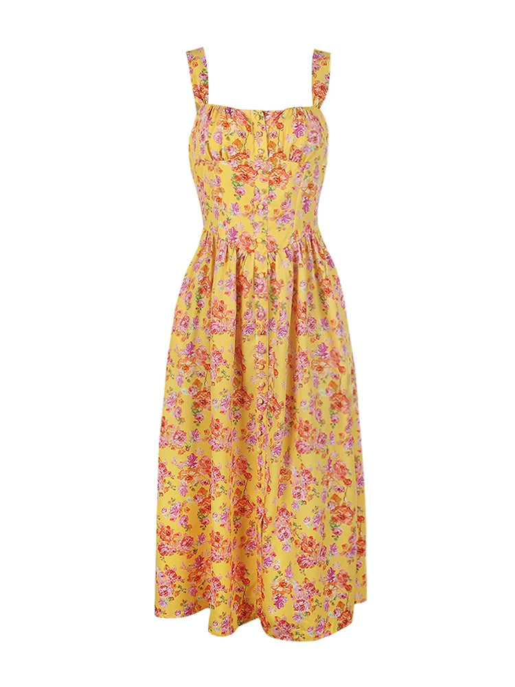 REALMEFIT  -  Summer Elegant Floral Print Midi Holiday Dress with Pocket Yellow Back Lace Up Party Dresses Casual Women Dress