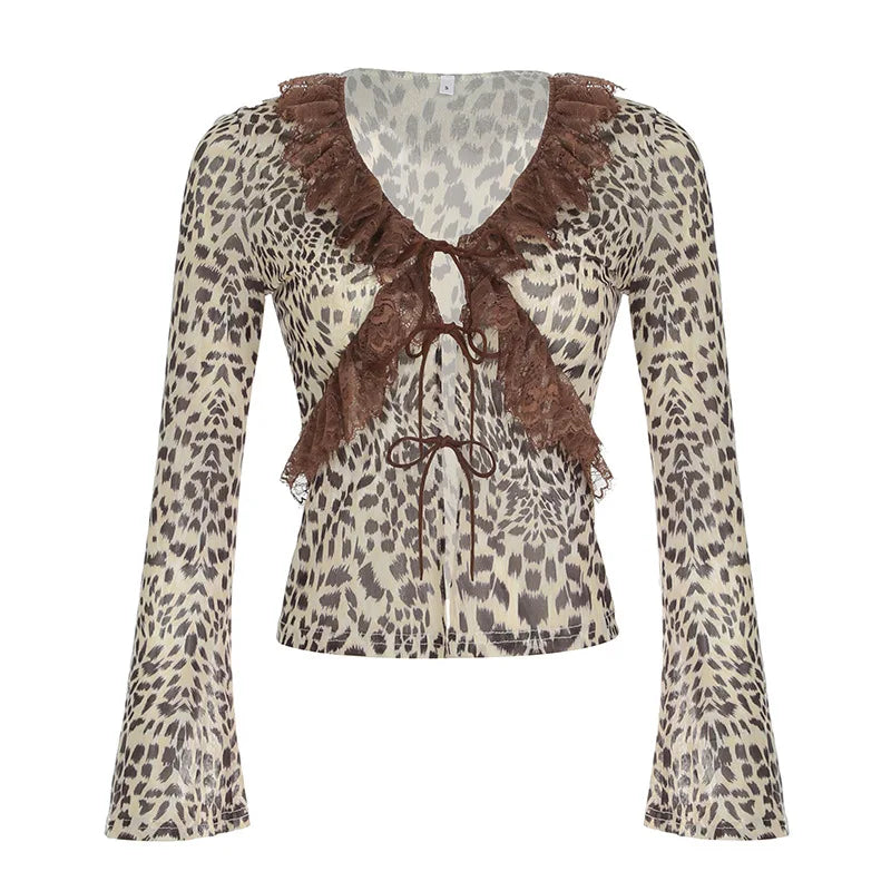 REALMEFIT  -  Leopard Print Mesh Sheer Sexy Shirts & Blouses Lace Trim Tie Front V Neck Full Sleeve Top Women Clothing P84-CA13