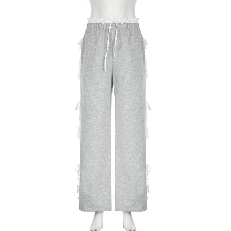 REALMEFIT  -  Side Stripe Lace Bow Sweatpants Gray Drawstring Wide Leg Pants Fashion Casual Loose Sports Trousers Women P84-DG38