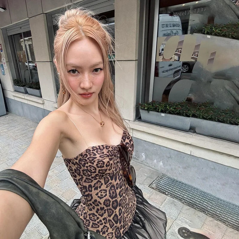 REALMEFIT  -  Leopard Print Tube Dresses 2024 Women Y2k Sexy Strapless Backless Bubble Mini Dress Club Wear Outfits P94-DZ32